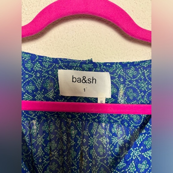 ba&sh Masha 100% Silk Blue Gold Boho Metallic Accent Ruffled 3/4 Sleeve Top S - Picture 3 of 8